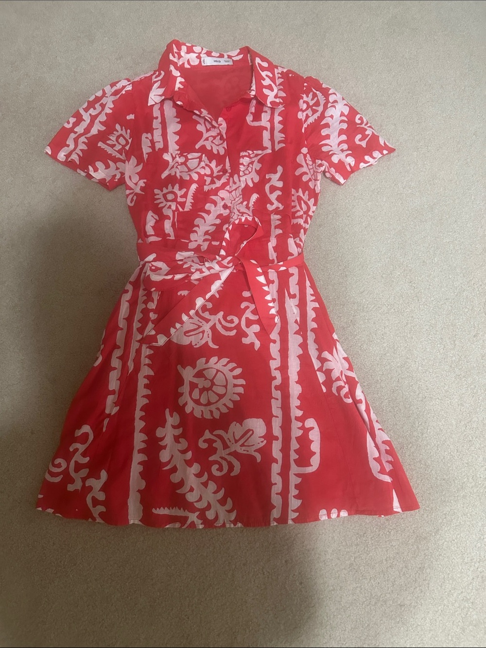 Mango Red and White Printed Short Sleeve Shirt Dress